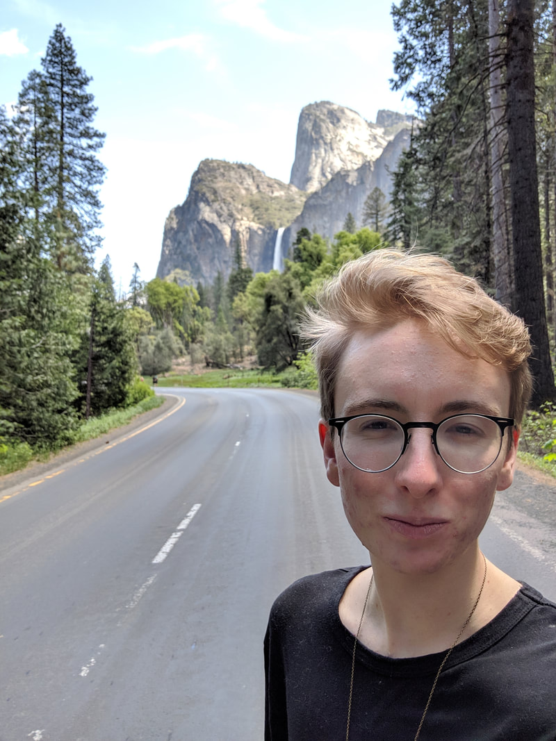 A Picture of the author standing in a street leading to Bridal Veil Falls in Yosemite in the background