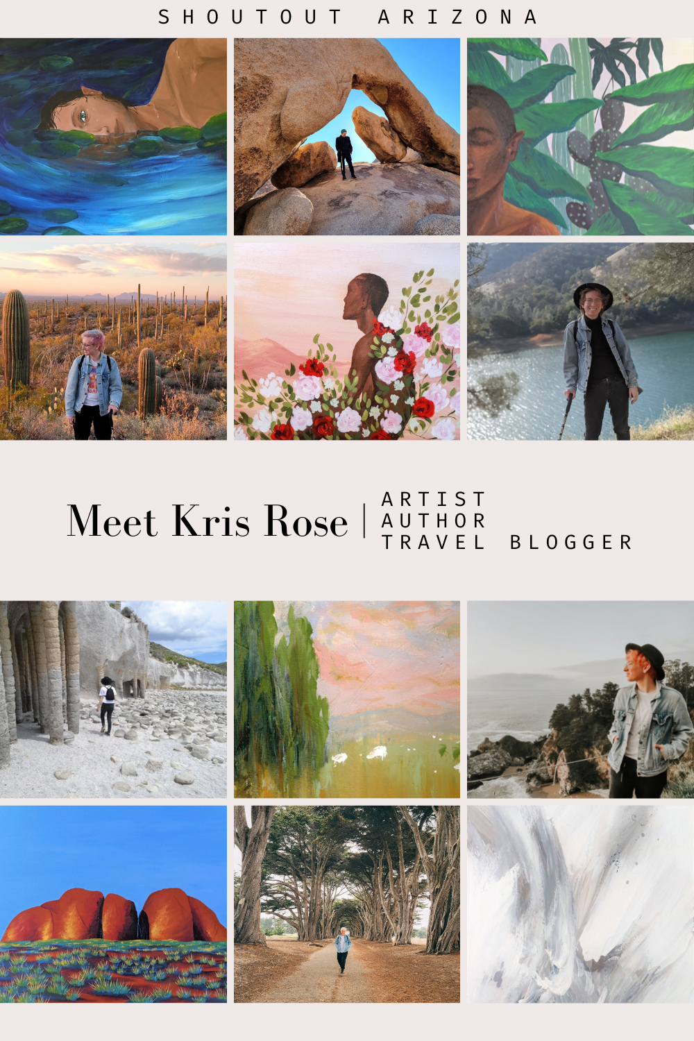 Pin showing the text Meet Kris Rose: Artist Author and Travel Blogger. A grid of six images is shown above and below the text, with alternating pictures of Kris and his paintings.